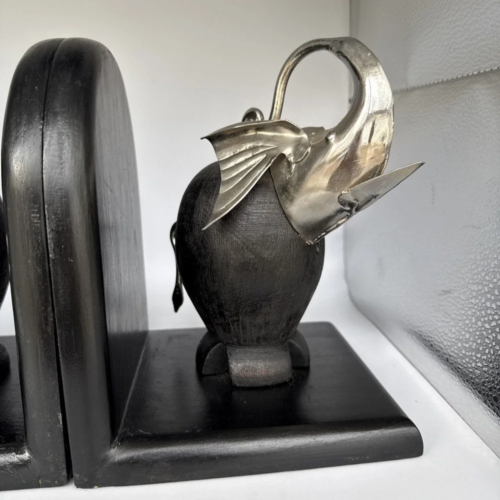 Black Bauhaus Beast Bookends‎ Art Deco Black Wood and Chrome Elephants